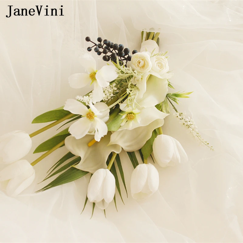 JaneVini-ramo de lirios blancos Para novia, Flores artificiales de tulipán bohemio Para dama de honor, ramo de Flores Para Boda