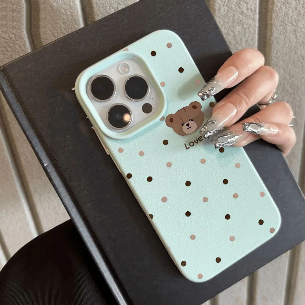 Lovely Bear Phone Case For iPhone 13 Case iPhone 16 Pro 11 12 14 15 Pro Max 16 Plus Leather Litchi Pattern Shockproof Soft Cover