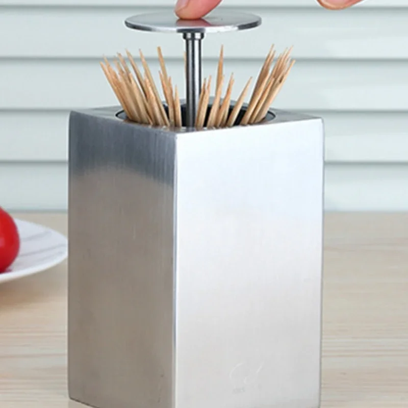 Stainless Steel Toothpick Box Press Type Automatic Pop-up Toothpick Jar Living Room Household Items Restaurant Toothpick Holder