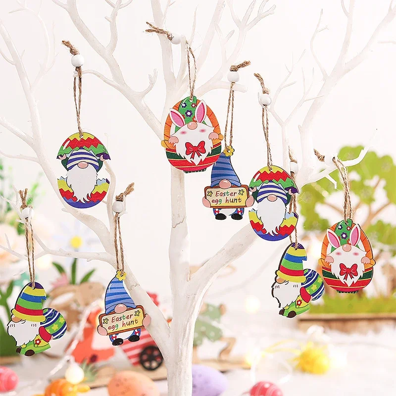 

New 12Pcs/Set Easter Painted Wooden Rabbit Pendants Eggshell Forest Faceless Old Man Rabbit Crafts Ornaments Party Home Decor