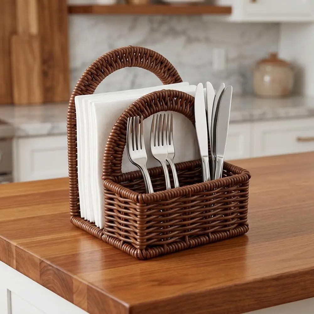 Practical Plastic Imitation Rattan Napkin Holder Decorative Vertical Desktop Tissue Holder Simple Handwoven Napkin Holder Hotel