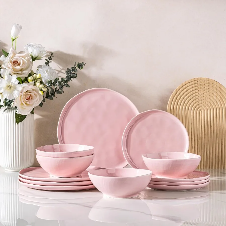 

Наборы керамической посуды на 4, включая фарфоровые тарелки и миски с волнистым краем, подходят для посудомоечной машины в микроволновой печи и