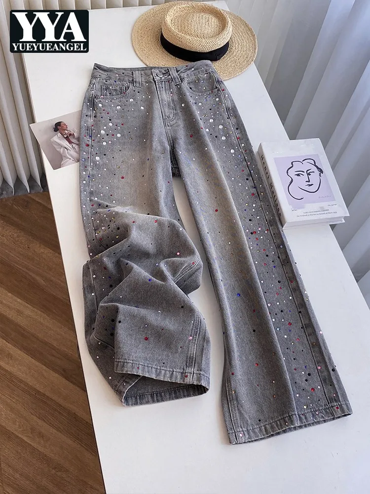 

Spring Summer Women American Style Streetwear Jeans Grey Designer Colorful Diamond Straight Denim Pant Retro Casual Trousers
