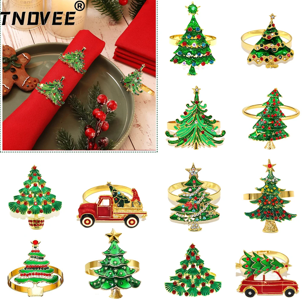 

24Pcs Christmas Tree Napkin Rings Rhinestone Tree Car Napkin Holder Green Serviette Buckles for Xmas Wedding Party Table Decor