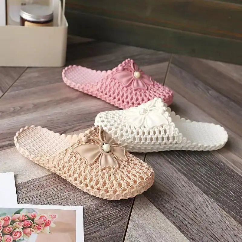 Summer Women\'s Baotou Hollow Out Casual Slippers Soft Bottom Non Slip Home Casual Slippers Bow Beach Slippers Bathroom Slippers