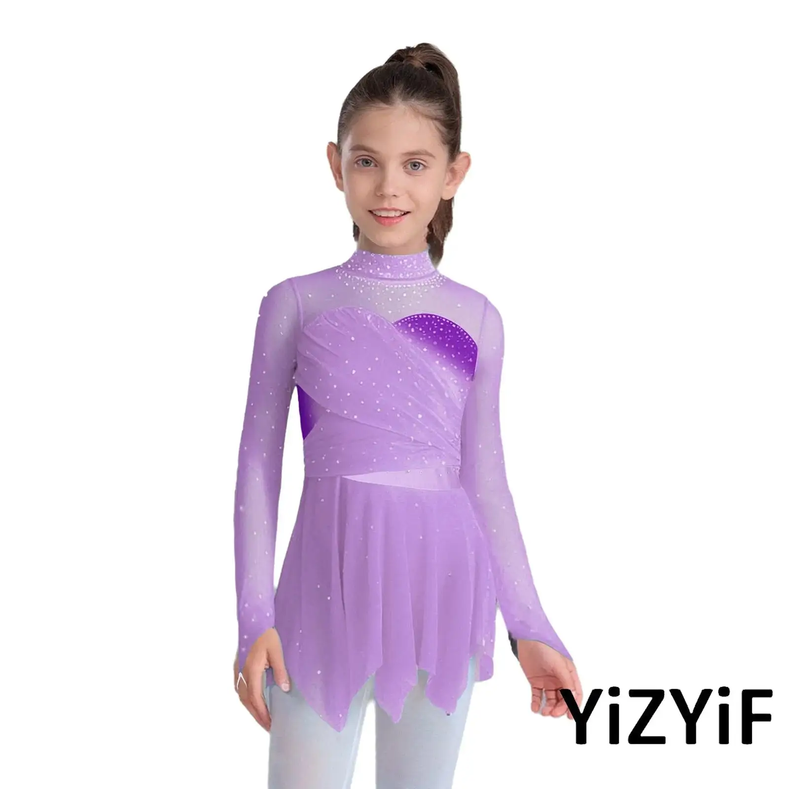 

Kids Girls Figure Skating Dance Dress Mock Neck Long Sleeves Shiny Rhinestone Irregular Hem Ruched Mesh Dress for Ballet Latin