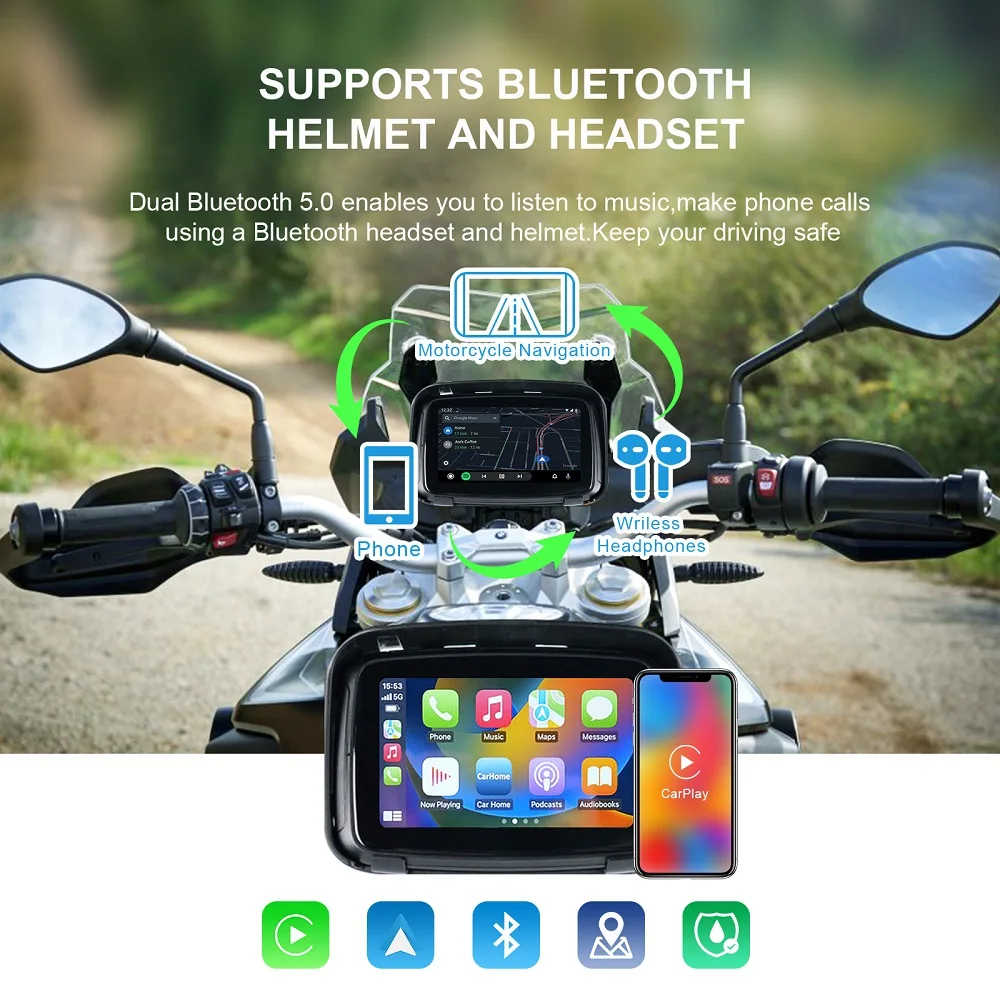 Motorcycle 5 Inch Touch Outdoor IPX7 Waterproof External Portable  Special Navigator Support CarPlay  Android Auto