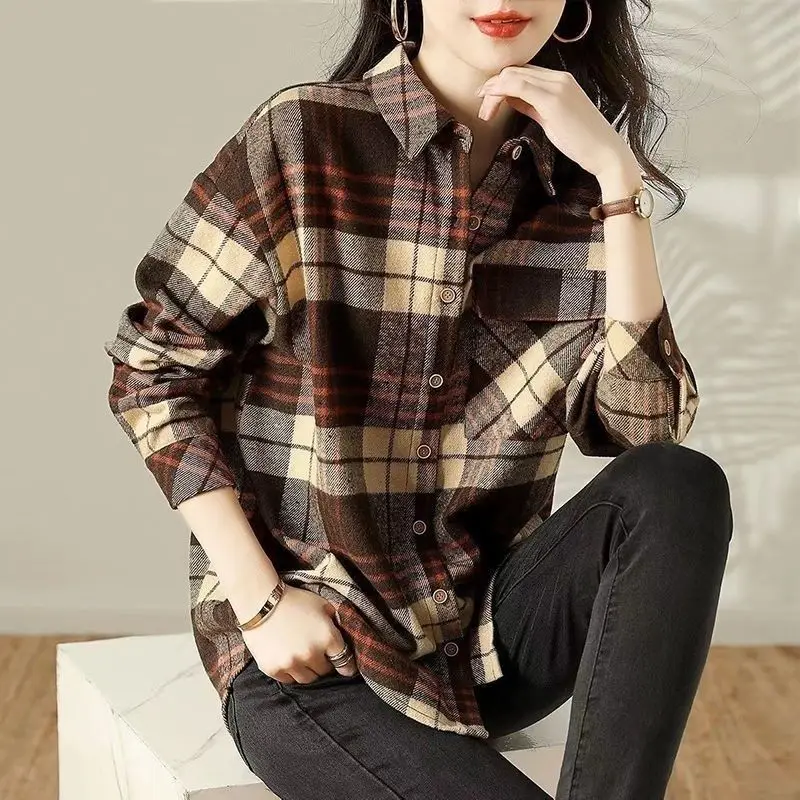 Women Trendy Vintage Plaid Thick Y2K Button Shirts Autumn Winter Casual Streetwear Pockets Blouses Female Long Sleeve Loose Tops