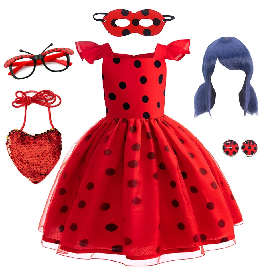 

Girls Little Beetle Flying Sleeve Cosplay Dot Print Princess Dress Birthday Halloween Party Kids Marinette Performance Costumes
