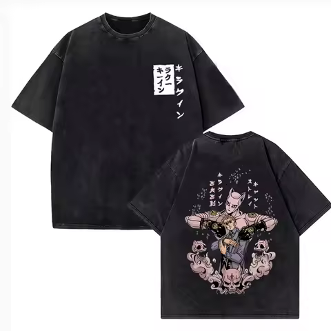 Anime JoJo's Bizarre Adventure Kira Yoshikage Killer Queen Print Tee Men T-shirts Cotton Vintage Washed T Shirt Harajuku Tshirt