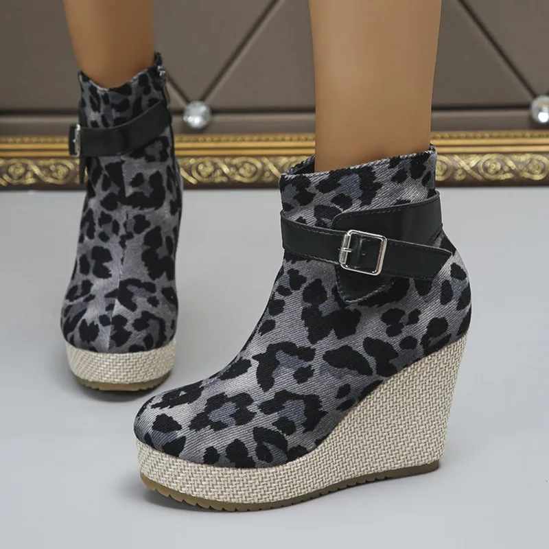 Design New Leopard Print High Heels 10cm Women's Shoes Chunky Wedges Heels Anti-slip Breathable Boots Ladies Pumps Western Boots