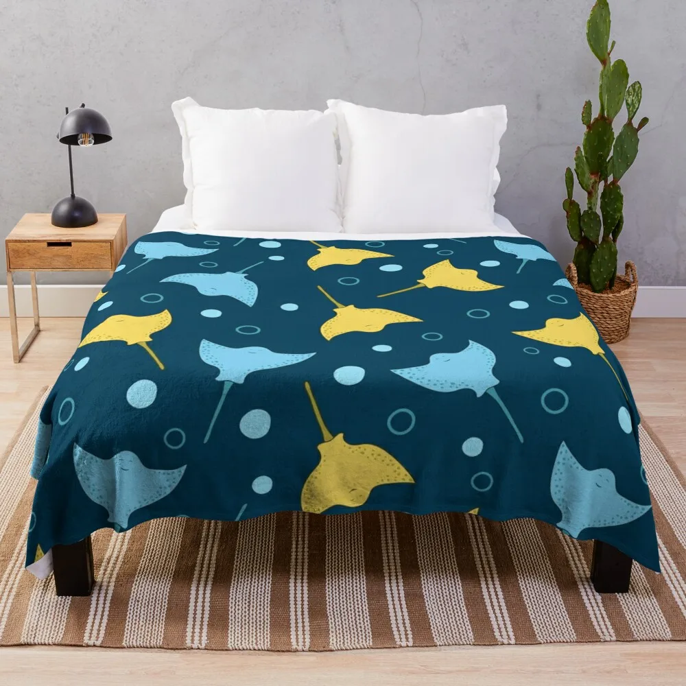 Stingray pattern on dark blue background Throw Blanket Flannel Fabric Flannels Blanket Baby Blanket cosplay anime