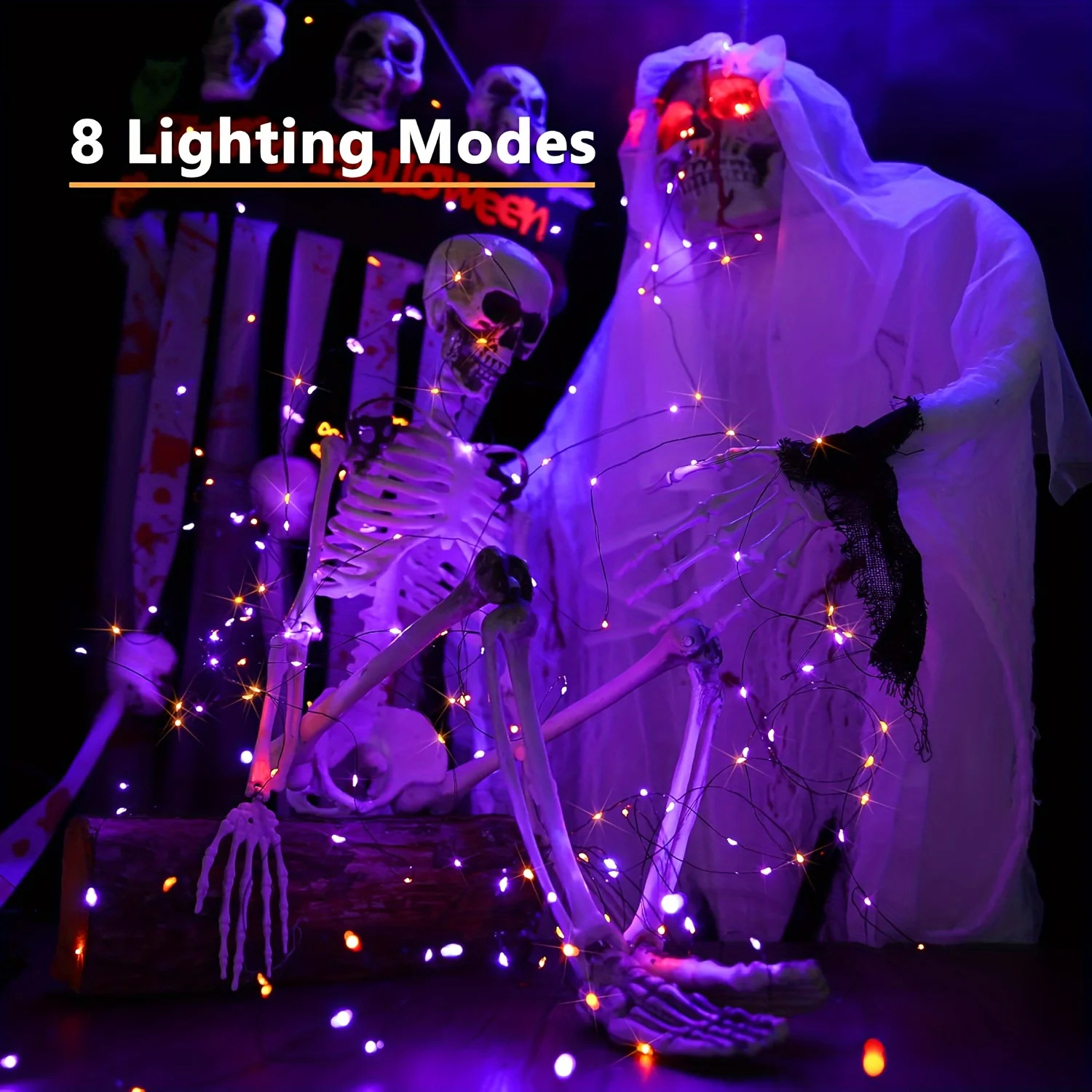 10/20M LED Orange Purple Halloween Garland Outdoor Garden Decoration USB 8 Modes Lighting Black Wire for Halloween Decorations