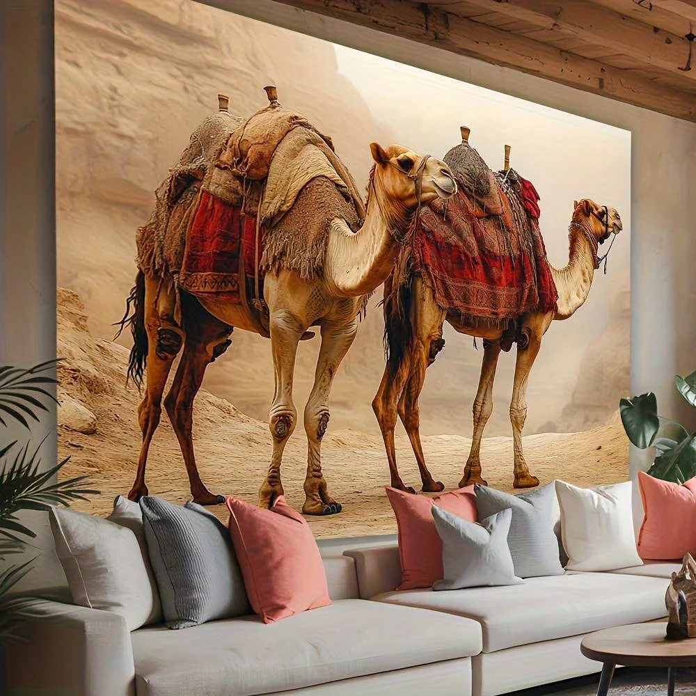 Desert Camel Tapestry, Vintage Caravan Wall Hanging, Boho Safari Animal Decor for Living Room Bedroom Dorm Background
