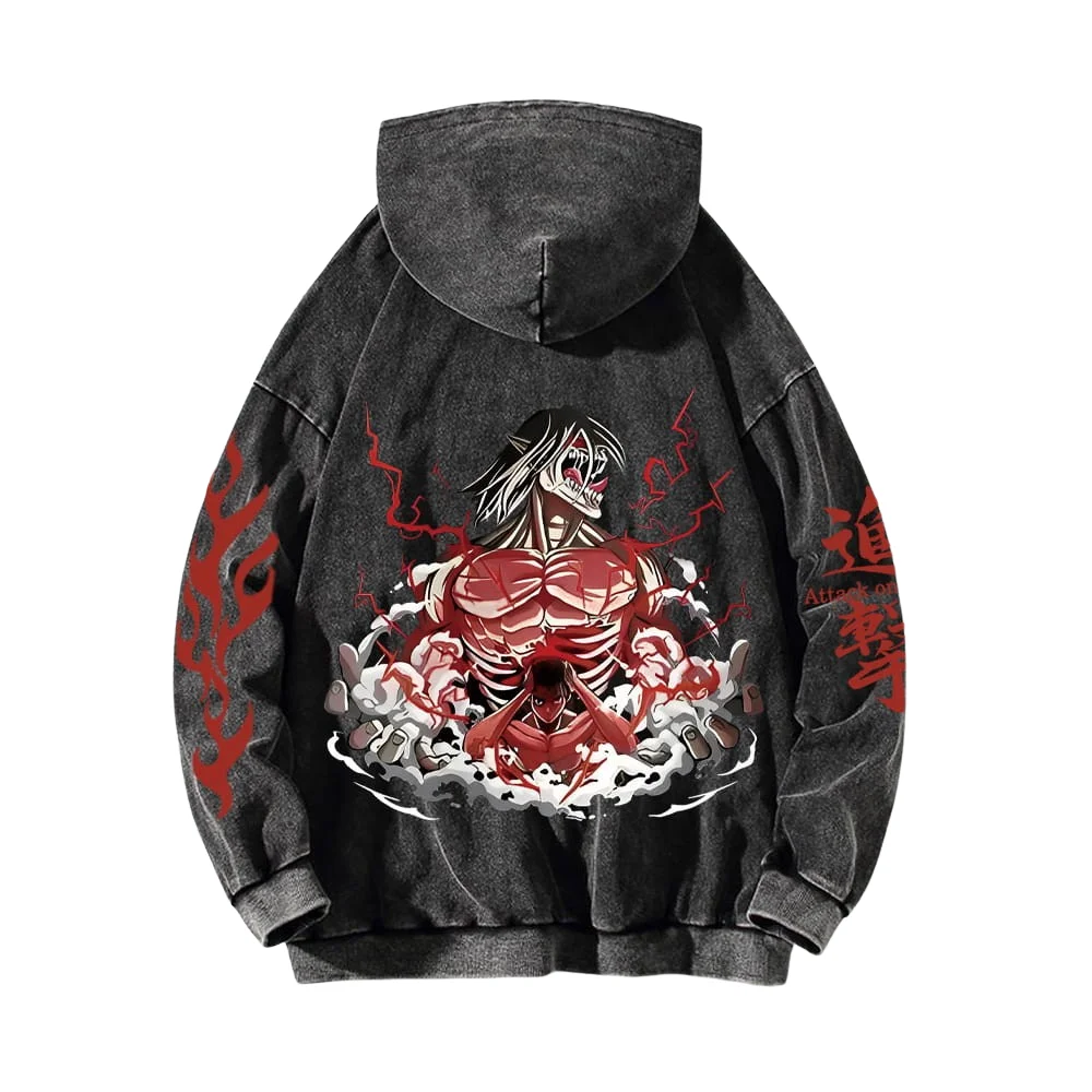 Men's Y2K Vintage Cotton Washed Hoodie Print Hip Hop Kangaroo Pocket Hooded Sweatshirt Autumn Harajuku Loose Casual Pullover
