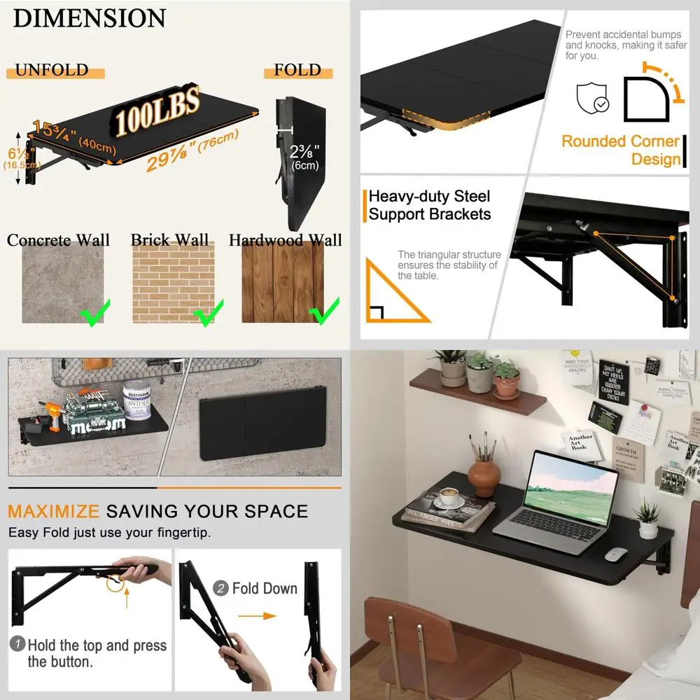 

Компактный складной настенный стол с прочными кронштейнами для компактных помещений: идеально подходит для стирки, кухни и офиса.