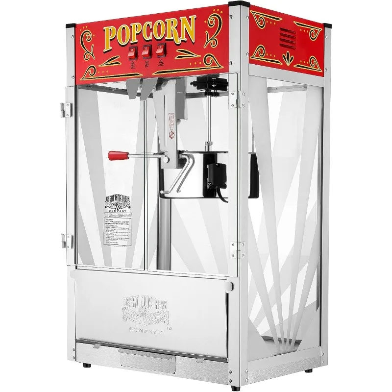 Countertop Popcorn Machine 7 Gallon Popper-16oz Kettle, Old Maids Drawer, Warming Tray, Scoop, 16 Ounce, Silver/red