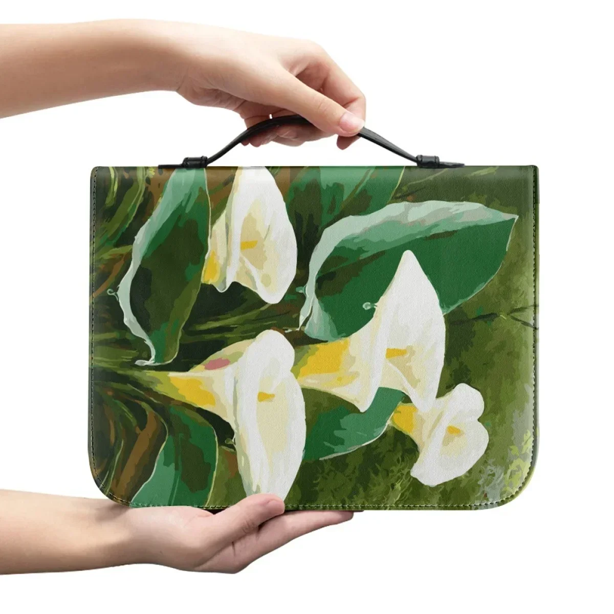 

Leather Women's Handbags Zipper Handle Bible Bag Purity Lily Print Bible Cover Case Holy Protection Study Book New Fashion