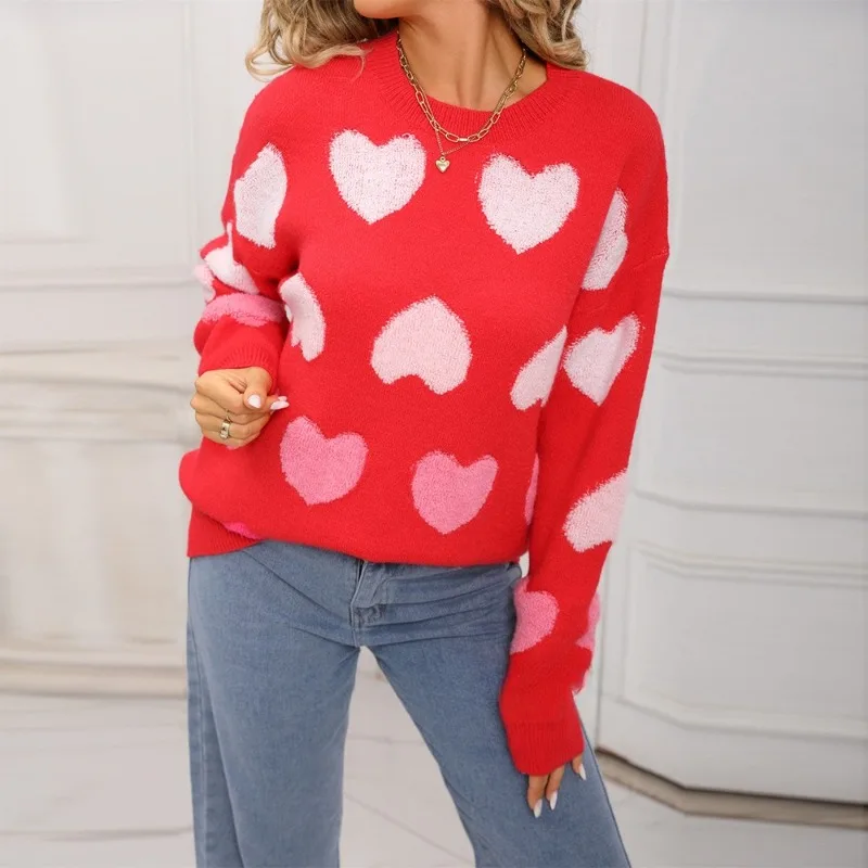 

2025 New Women's Loose Casual Sweate Cross-border Women's Love Valentine’s Day Round Neck Pullover Heart Sweater for Women