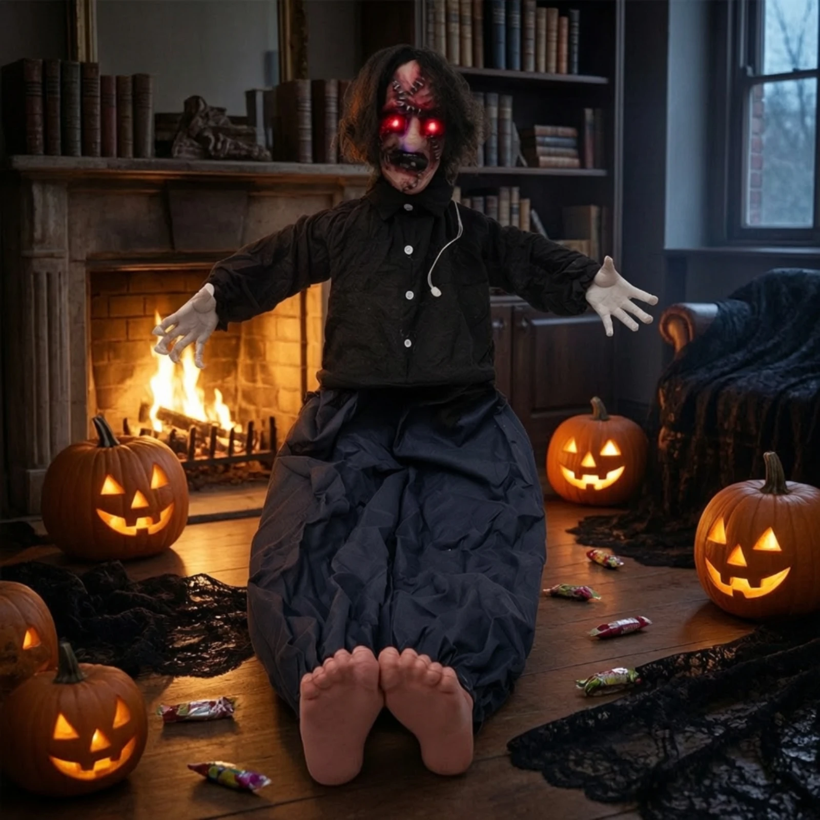 Rocking Zombie with Light-up Eyes Halloween Animatronic Decoration Animated Zombie Undead Figurine Realistic