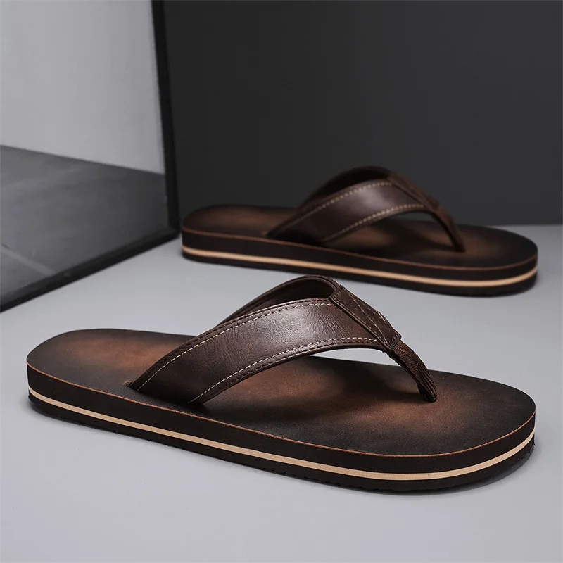 Men's Vintage Washed Faux Leather Flip Flops, Stitched Strap Multi-layer Wrapped Flat Sole Casual Beach Thong Sandals