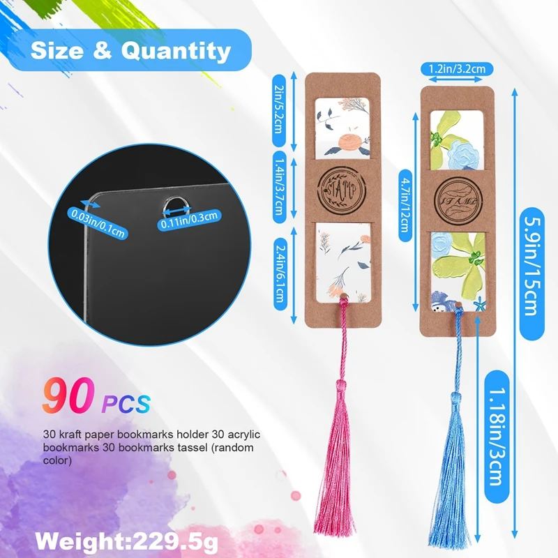 حامل علامة كتب راتينج مع شرابات ملونة ، أكمام من ورق الكرافت الشفاف ، 90 ، 30 من الأكريليك