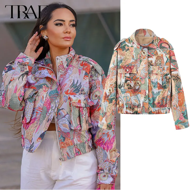 

TRAF Fashion Print Short Coat Women Slim Turndown Collar Long Sleeve Zipper Pocket Thin Coats 2025 High Street Outwear Lady
