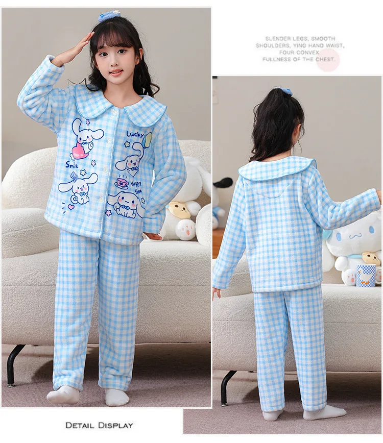 بيجامة سانريو هالو كيتي سينامورول للفتيات فترة الربيع والخريف كارتون Y2K طقم مكون من قطعتين بأكمام طويلة من الصوف المرجاني الحلو #6