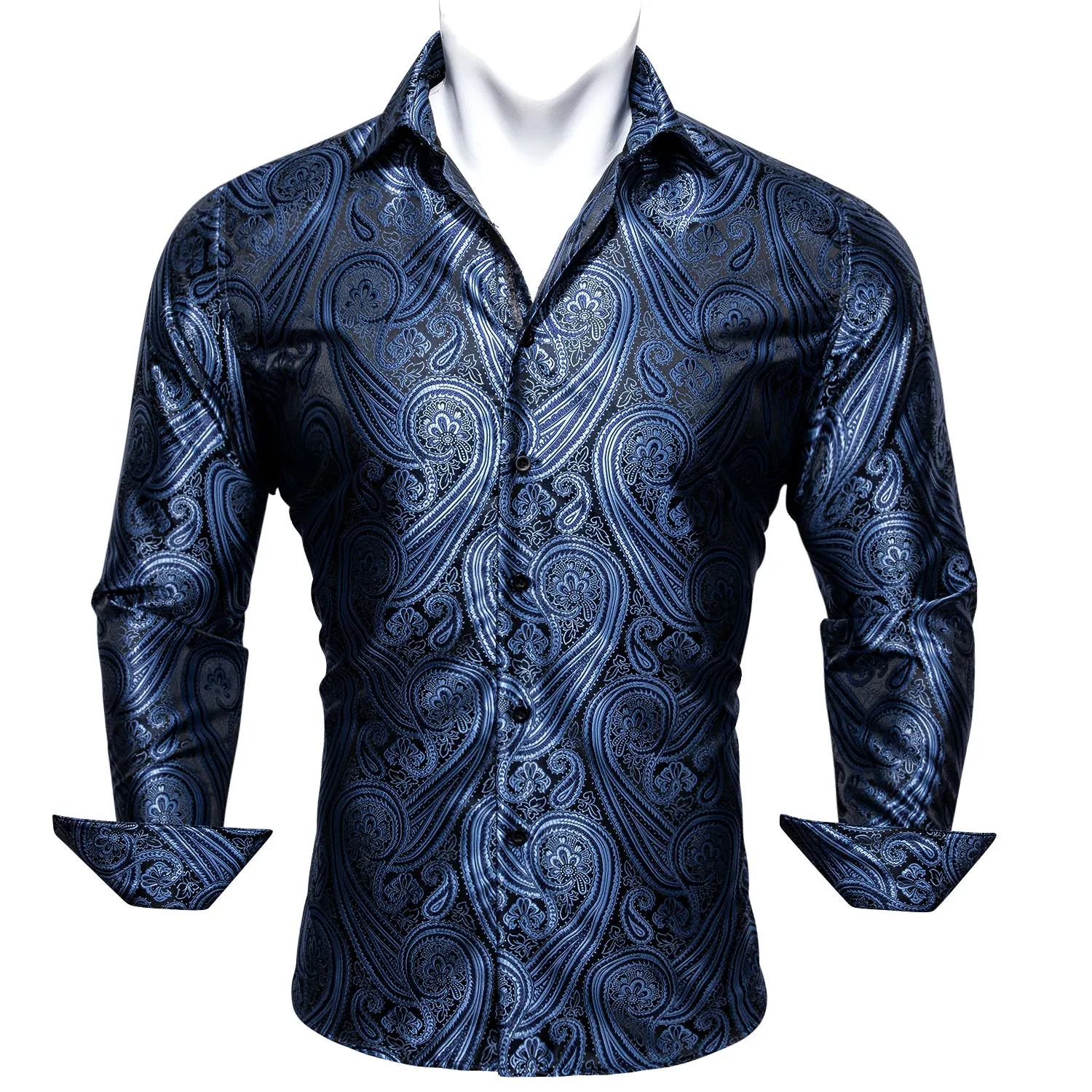 Designer Blue Silk Paisley Shirts for Men Lapel Woven Long Sleeve Embroidered Four Seasons Exquisite Fit Party Wedding CY-0402