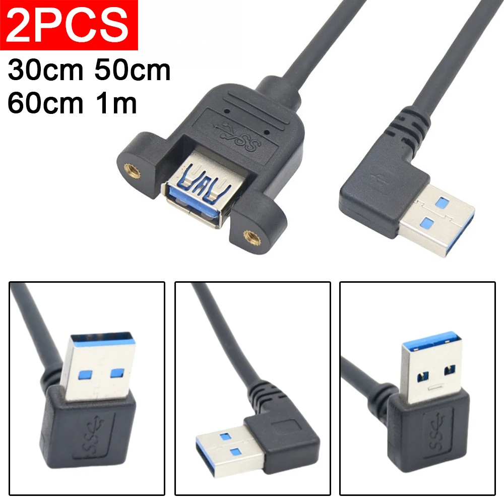 2pcs USB 3.0 Cable Extension Male to Female extender cable cord Dual Shielded Screw Panel Mount left 90 degree down right Elbow