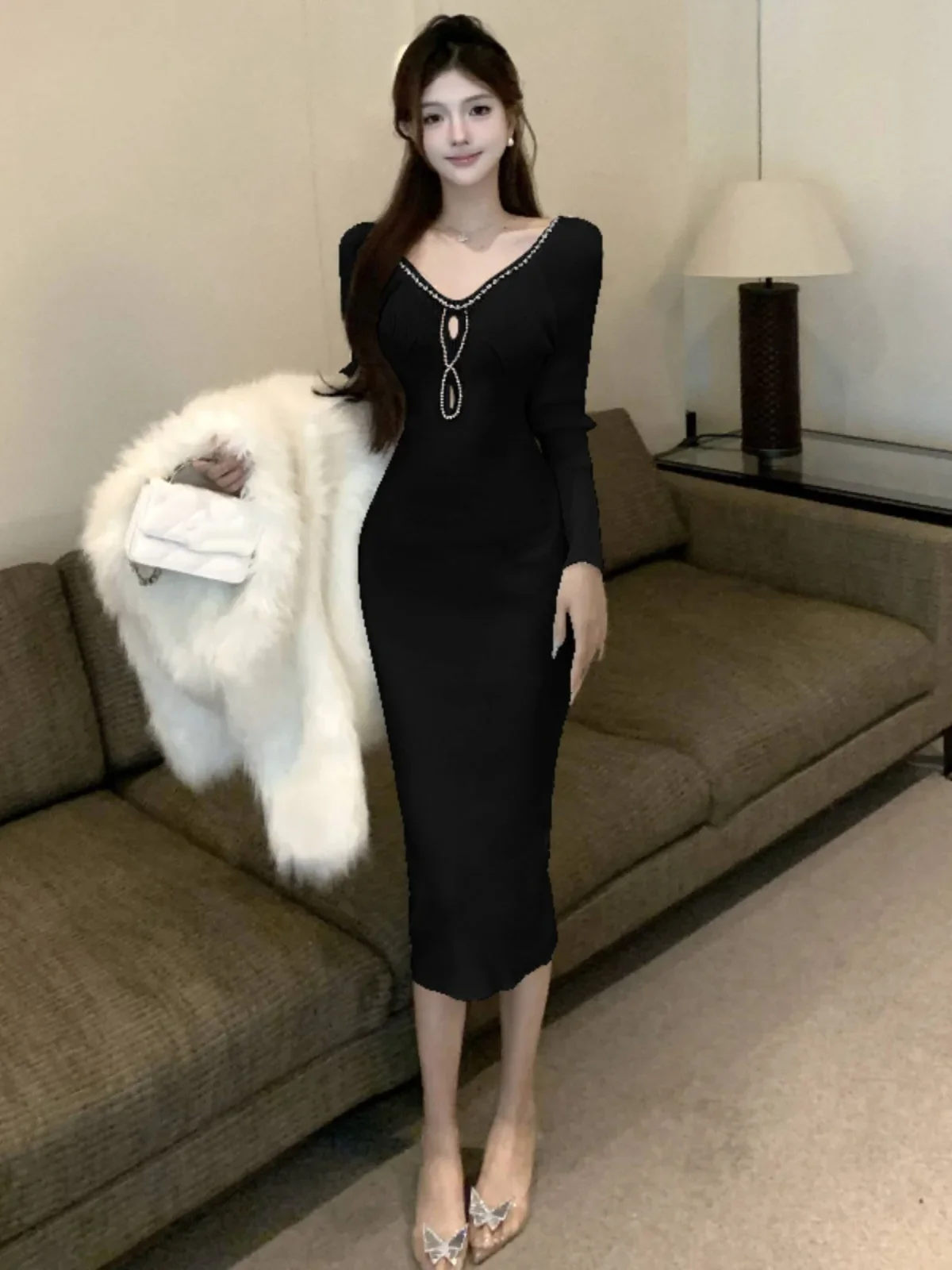 Gagaok Fashion Women Dress Elegant Sexy Diamond Studded Hollow Knitted Dresses French Style High Waist Slimming Vestidos