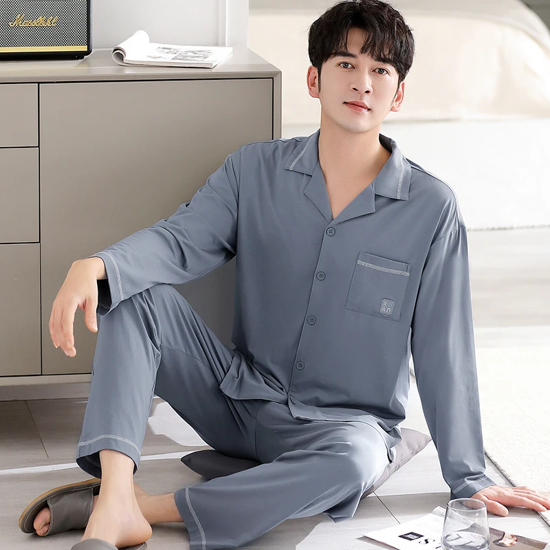 Spring and Autumn Modal Men's Pajamas Cardigan Flip Collar Simple Fashion Soft Skincare Men's Pajamas