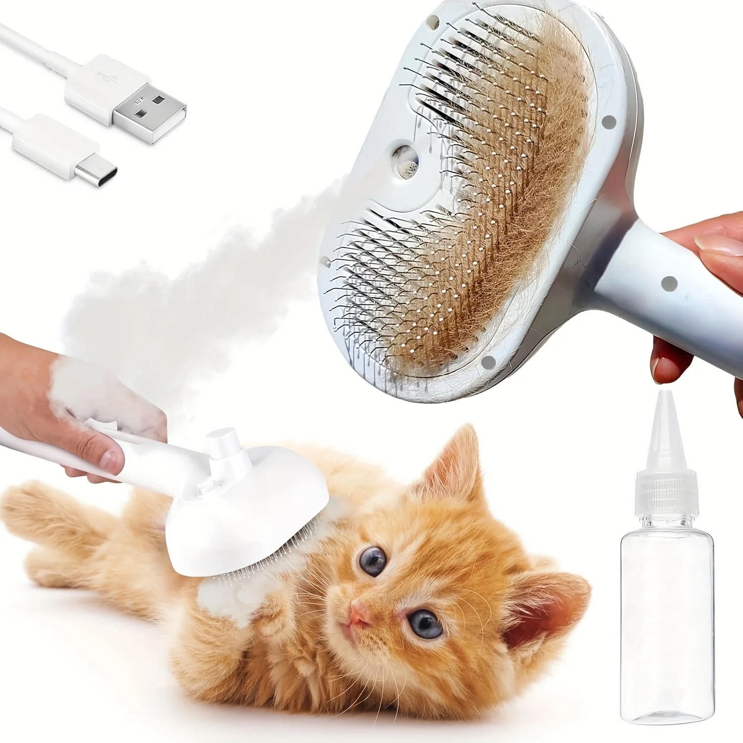 USB Pet Grooming Brush 3-in-1 | Self-Cleaning Deshedding Tool with Steam for Cats & Dogs