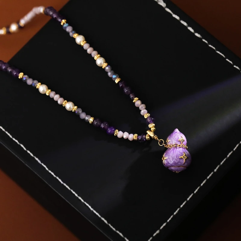 

Classical Fashion Personalized Enamel Craftsmanship Purple Gourd Bead Pendant Women's Long Pearl Necklace Selected Jewelry Gift