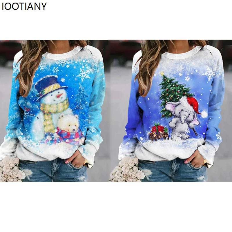 Autumn And Winter Christmas Elements Printed Sweatshirts Women T-shirt Long Sleeve O-neck Pullover Large Size Loose Tops New