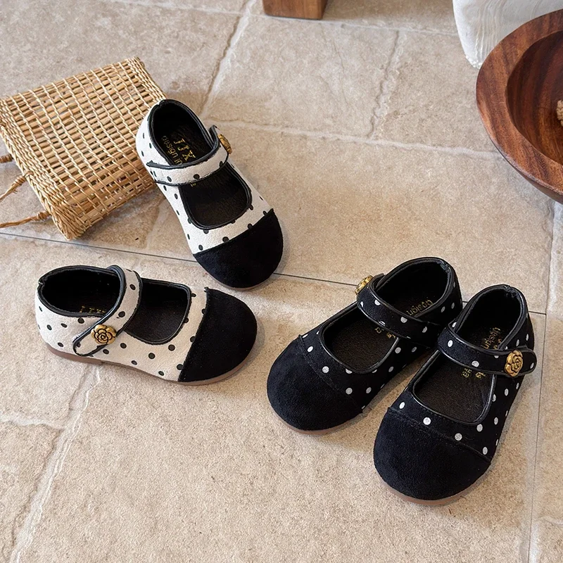 Toddler Girls Retro Polka‑Dot Color‑Block Mary‑Jane Flat Shoes, Gold‑Decor Magic‑Tape Soft Baby Princess Dress Shoes