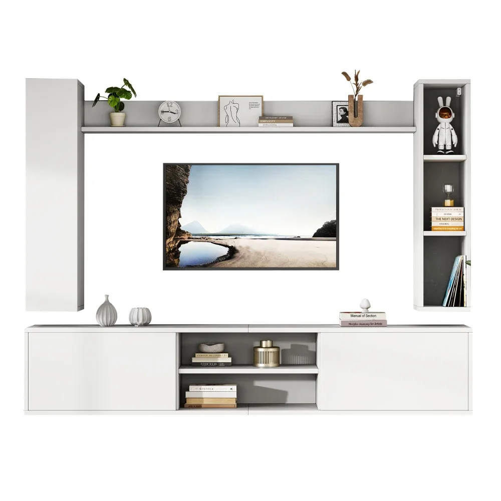 Ensemble mural TV 180*35*33,5 cm avec vitrines (ensemble complet, 4 pièces), avec panneau TV, support et 2 étagères murales, meuble TV, blanc