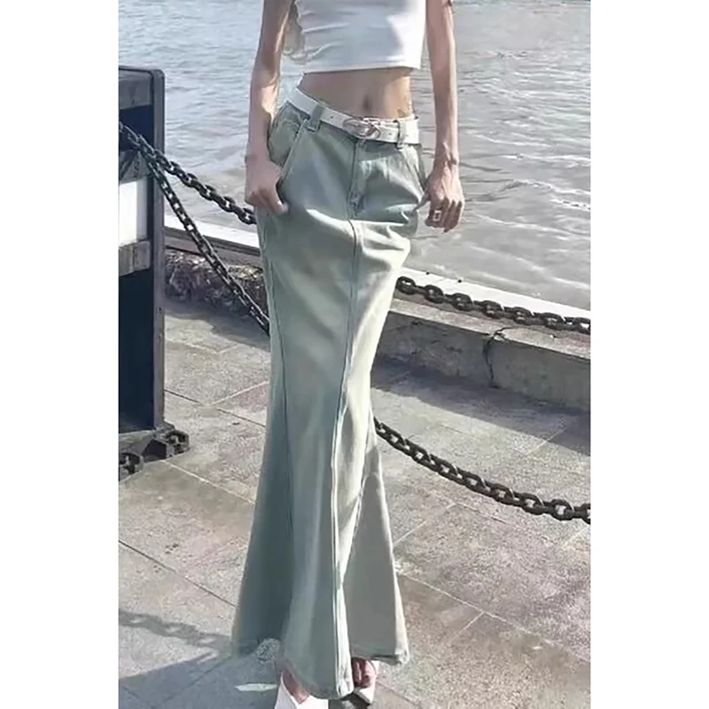 

PBAP Green Wash Mermaid Denim Maxi Skirt Women Tall Girls Friendly Distressed High Waist Split Long Jeans Skirt Retro Streetwear
