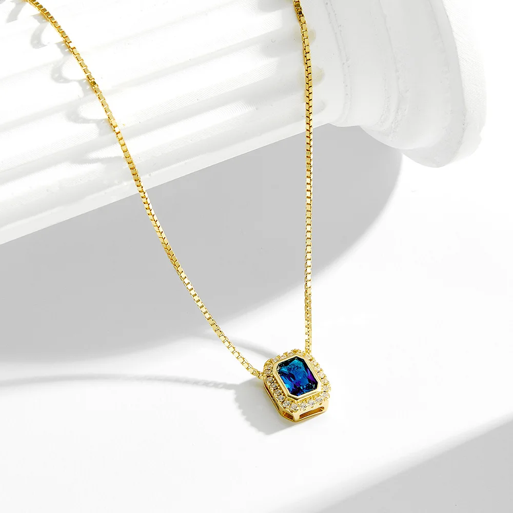 

Withered S925 Pure Silver Blue Zircon Square Pendant Necklace For Women's Collarbone Chain