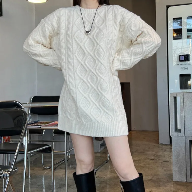 

Шикарный повседневный свободный свитер средней длины, женский круглый свитер Ne Twist, осень-зима, простой, удобный, Lazy Faion