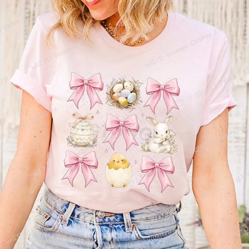 

Women Fashion T Shirt Easter Day Bow Bunny Chick Graphic Tee Shirt Summer Casual Loose Round Neck Creative Personalized T-Shirts