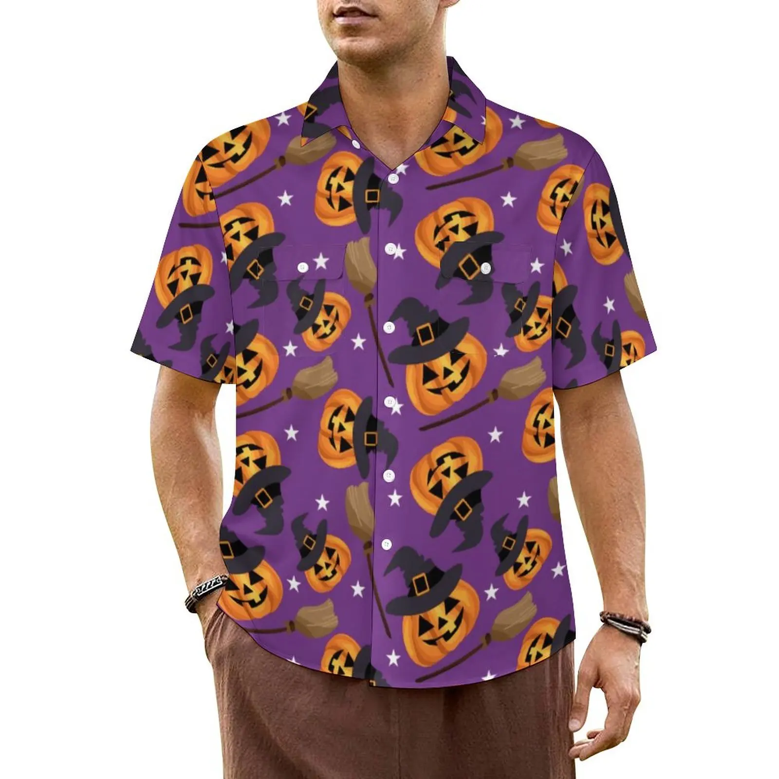 Hawaiian Shirt Beach Flying Witch Print Blouses Halloween Pumpkin Elegant Casual Shirts Men Short-Sleeved Street Oversize Top