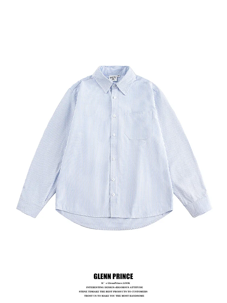 

GPstudio Japanese Sle Blue White Stripes Long Sve Men's irt Casual Office Inner Wear Autumn High End Feeling irt