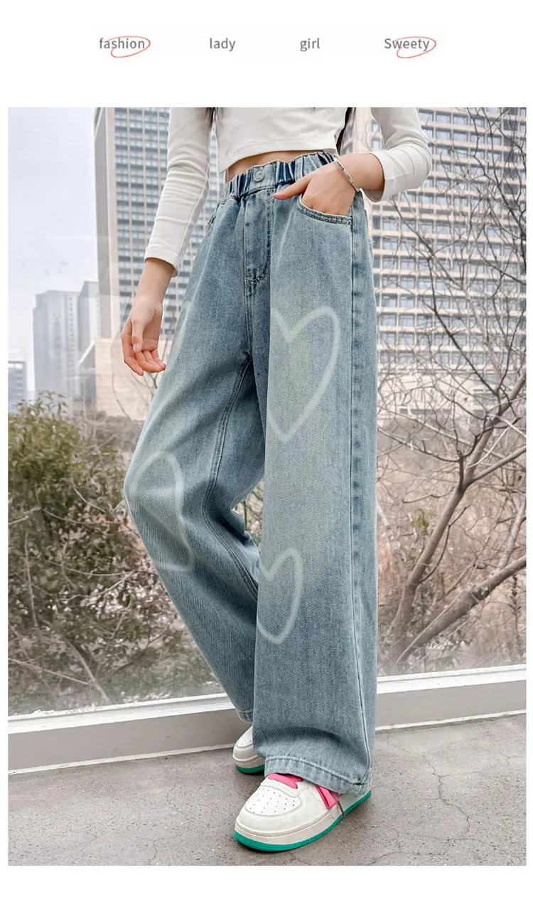 Hochwertige Jeans für große Mädchen mit Herzmuster, Neuheit 2024, Frühjahr/Herbst, modische weite Hosen, lockere Schulhosen für Kinder – Detail 10