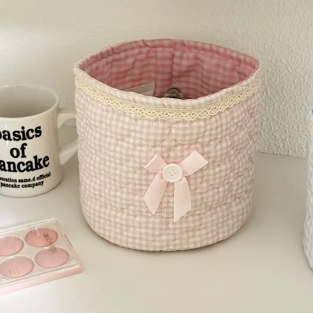 Essentials Multi-Purpose Storage Basket Quilting Cotton Bow Storage Bag Cute Lace Decor Multi-Purpose Basket School&office