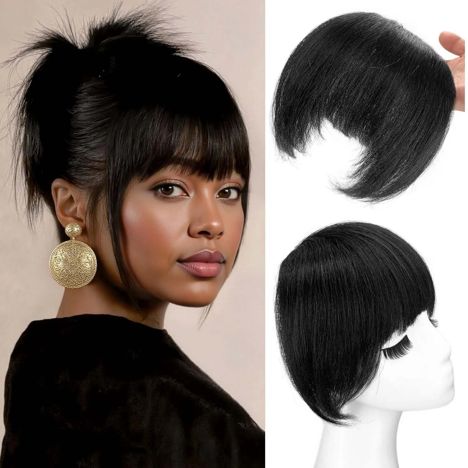 Synthetic Yaki Straight Bangs Hair Extensions for Women Black Fringe with Temples Handmade Kinky Straight Bangs Hairpiece