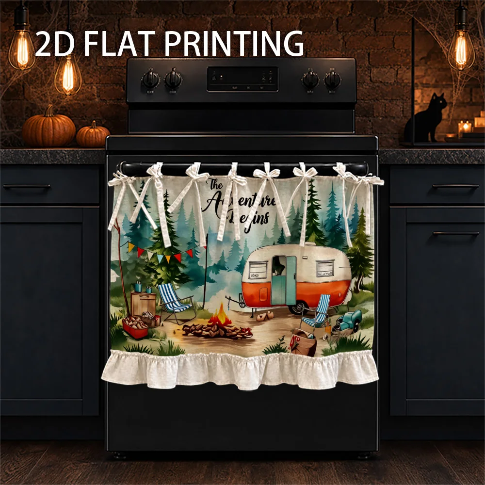 1PC kitchen stove curtain, cabinet curtain and apron. Featuring a 2D graphic design featuring a camping trailer, campfire and pi