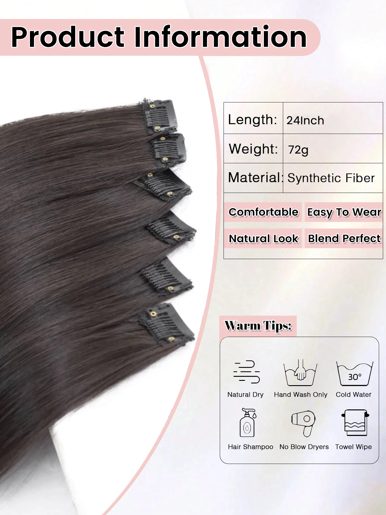 OLACARE 5PCS/Set Long Straight Synthetic Fiber Wigs SuitableHair Clips Hair Extensions 24Inches For Women Girls Daily Use