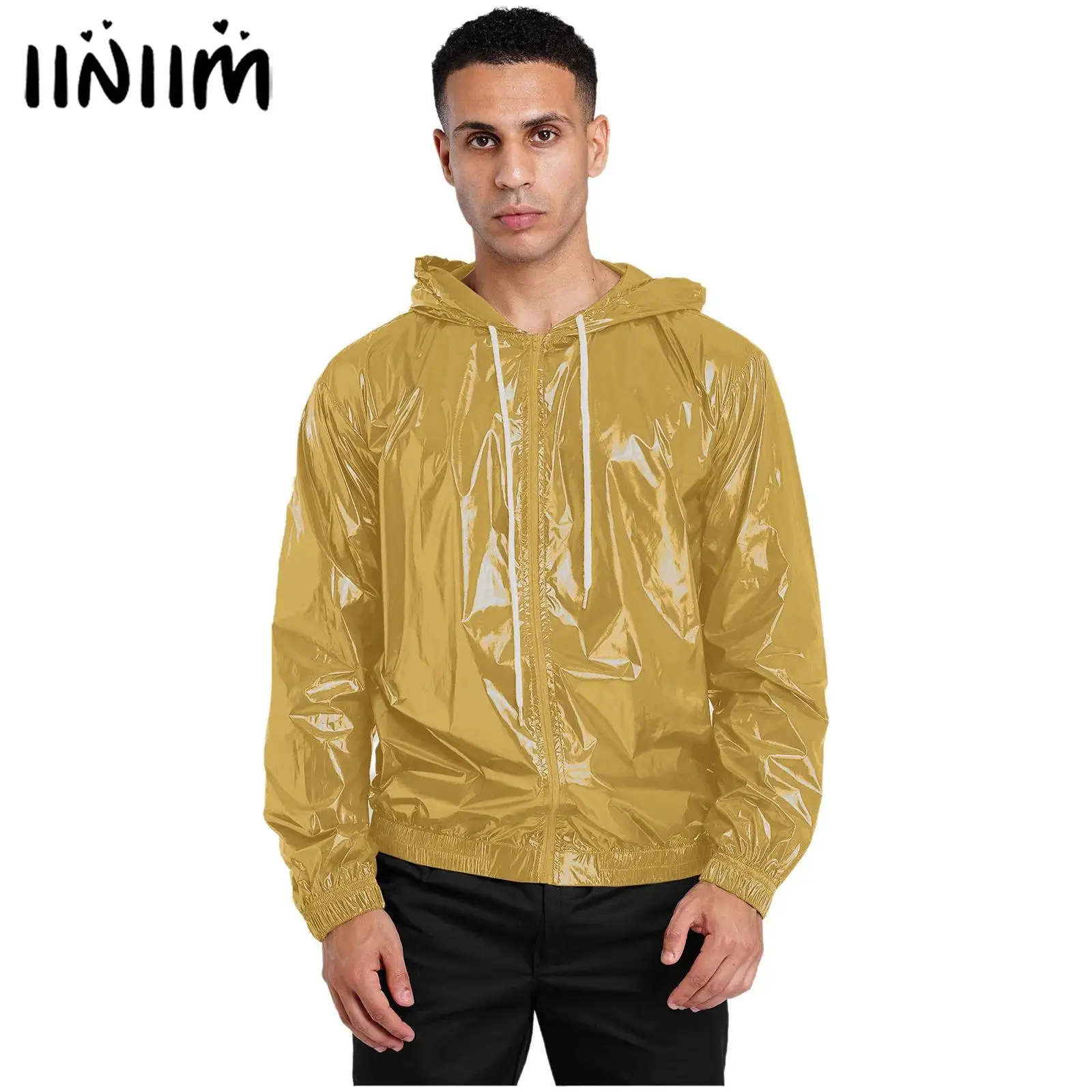 Mens Waterproof Hooded Jacket Tops Long Sleeve Front Zip-up Drawstring Hood Outerwear Windbreaker Fishing Biking Raincoat