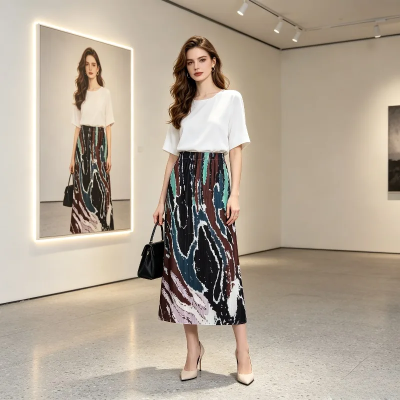 Miyake Pleated Skirt for Women 2026 Summer New Style Bodycon Skirt Pleated Ink Print Casual Fashion Straight Pleated Skirt Pleat